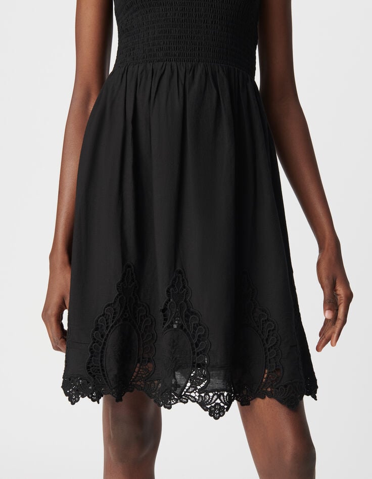 Ikks Robe Noire Smockée Borderie Dentelle Femme