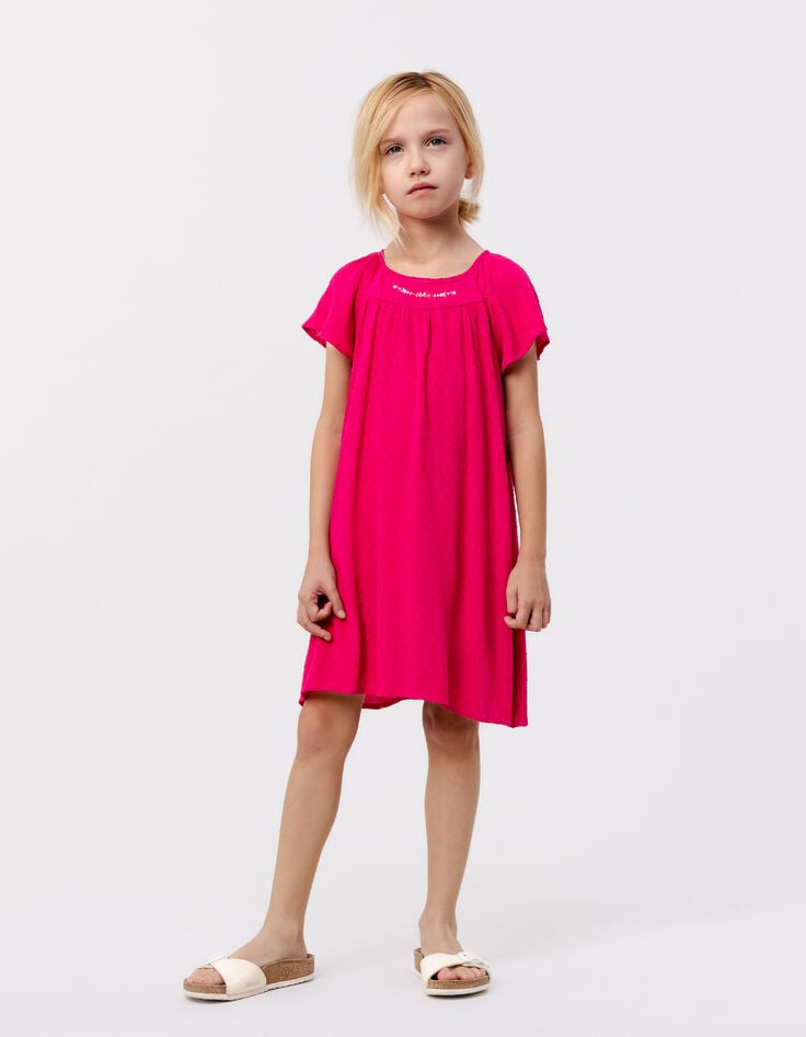 Ikks Robe Rose Vif Tissu Gaufré Plumetis Fille