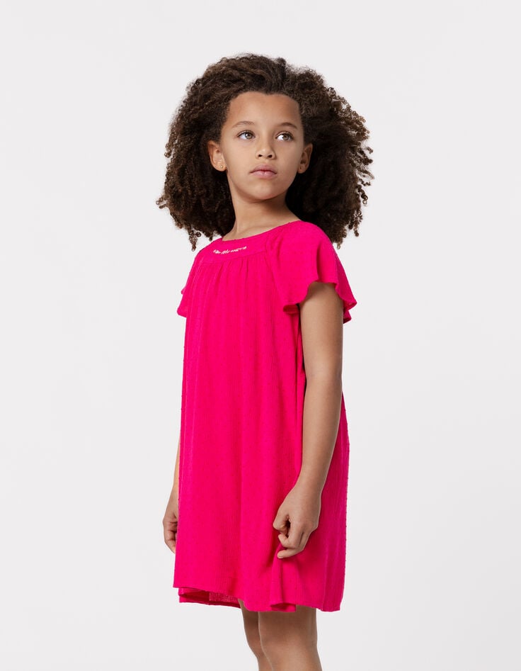 ikks Robe rose vif tissu gaufré plumetis fille