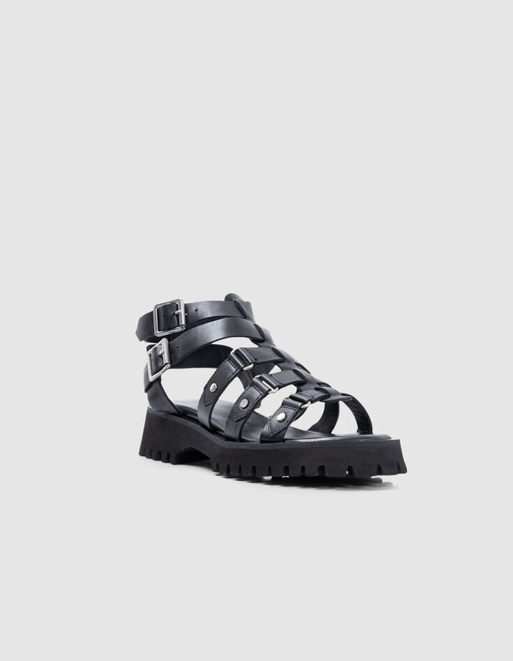Ikks Sandales Spartiate Noires Cuir Femme