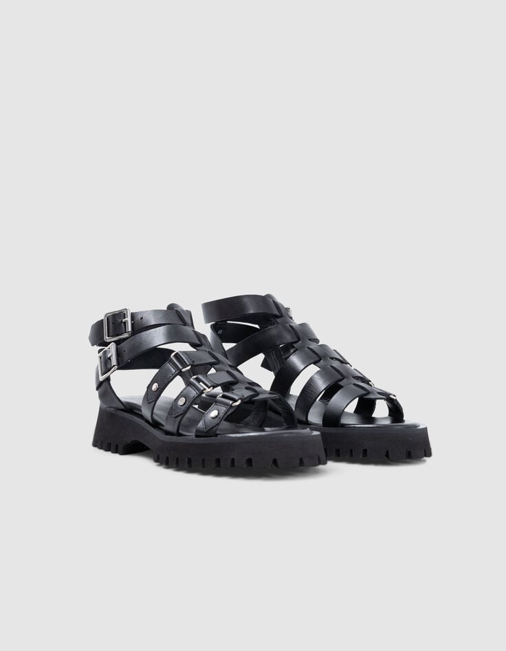 Ikks Sandales Spartiate Noires Cuir Femme