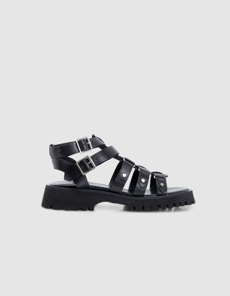 ikks Sandales spartiate noires cuir Femme