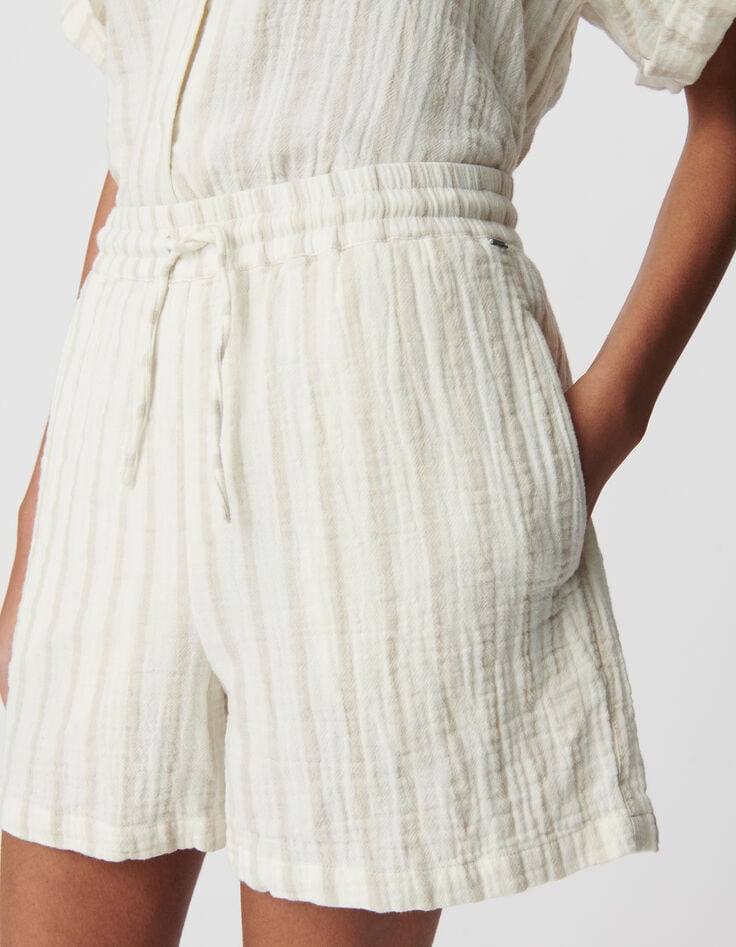 Ikks Short écru Gaze De Coton Rayures Beiges Femme