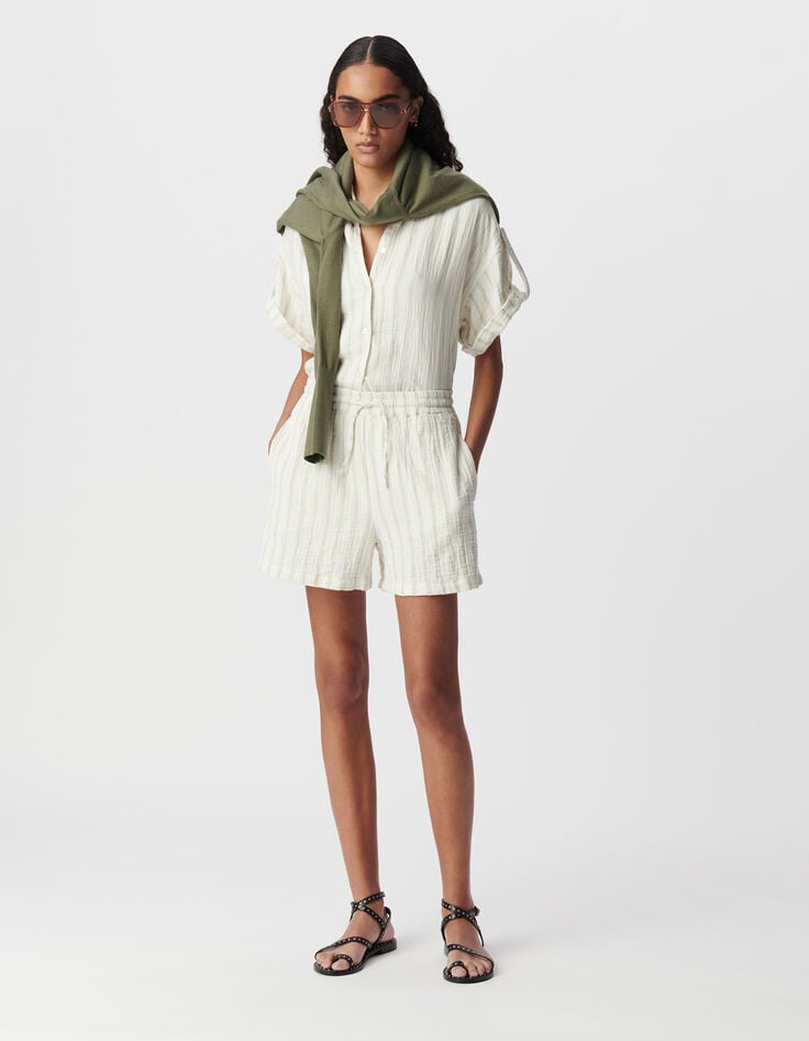 ikks Short écru gaze de coton rayures beiges Femme