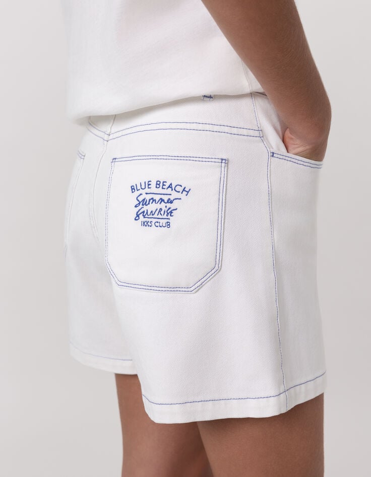 Ikks Short En Jean Blanc Surpiqûres Bleues Fille