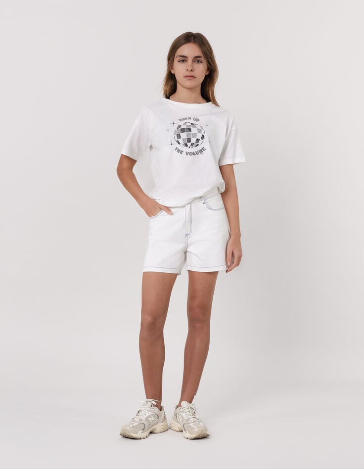 ikks Short en jean blanc surpiqûres bleues fille