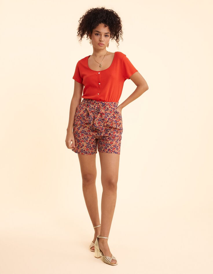 Ikks Short Rouge Imprimé Fleuri Ceinturé I.Code