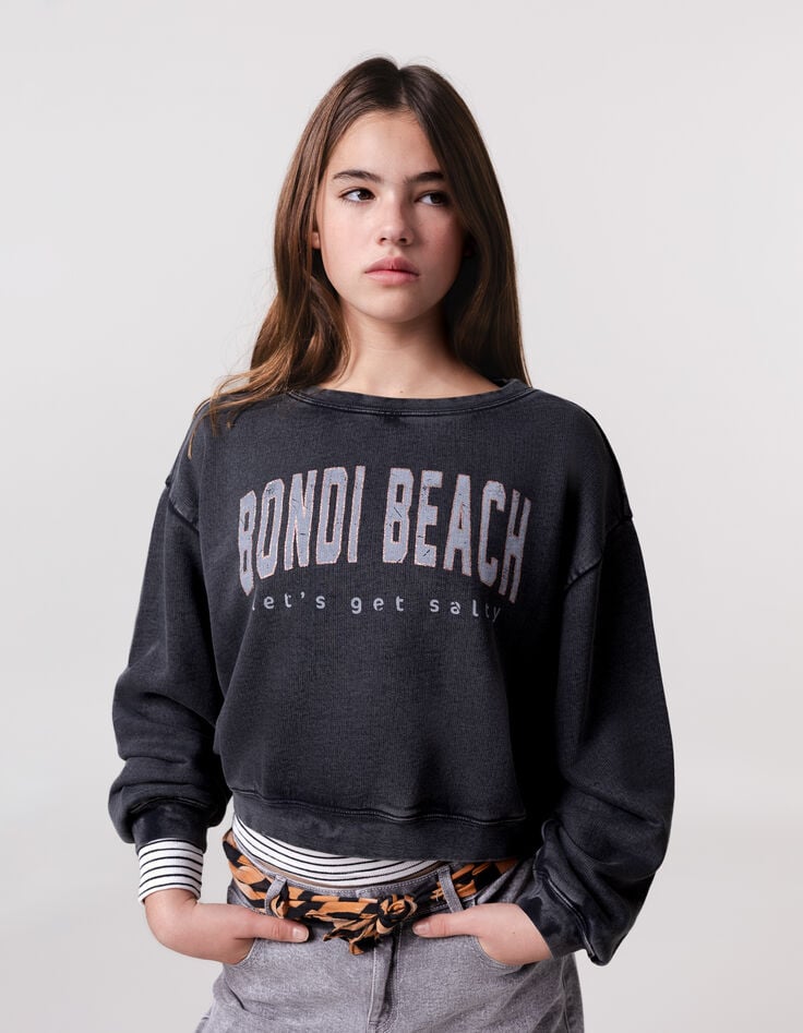 ikks Sweat gris cropped message pailleté fille