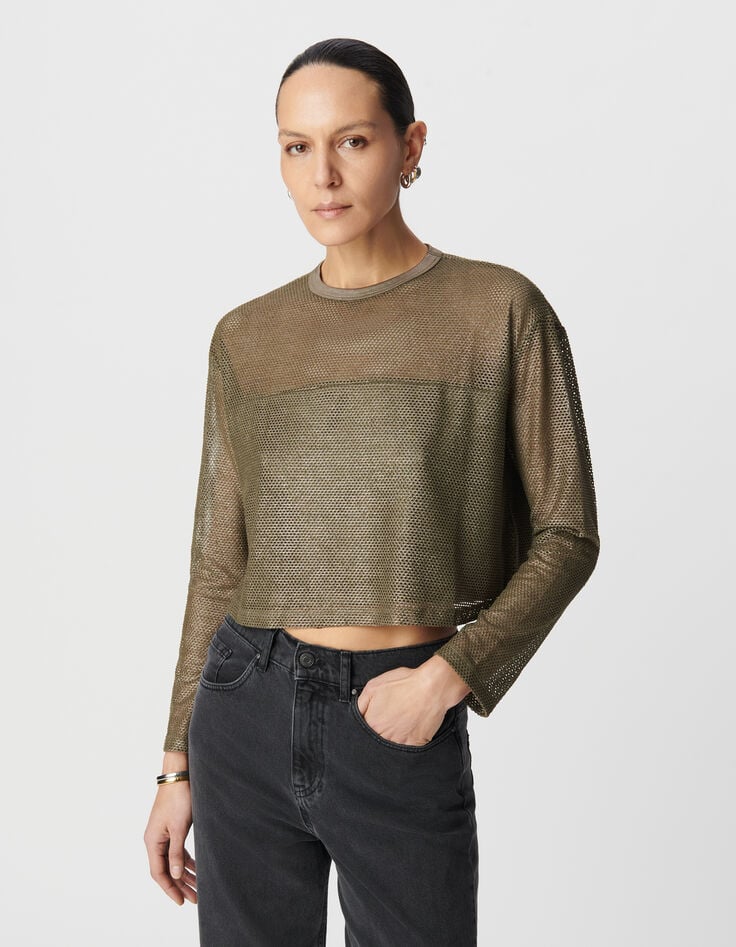 Ikks Sweat Kaki Maille Résille Enduite Femme