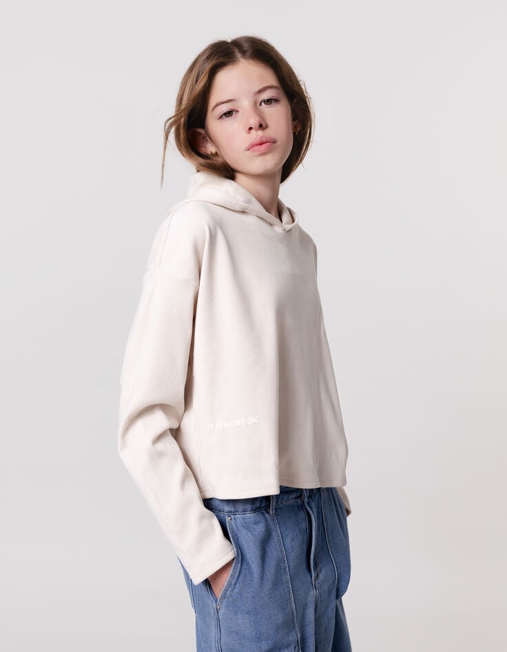 ikks T-shirt beige maille côtelée à capuche fille
