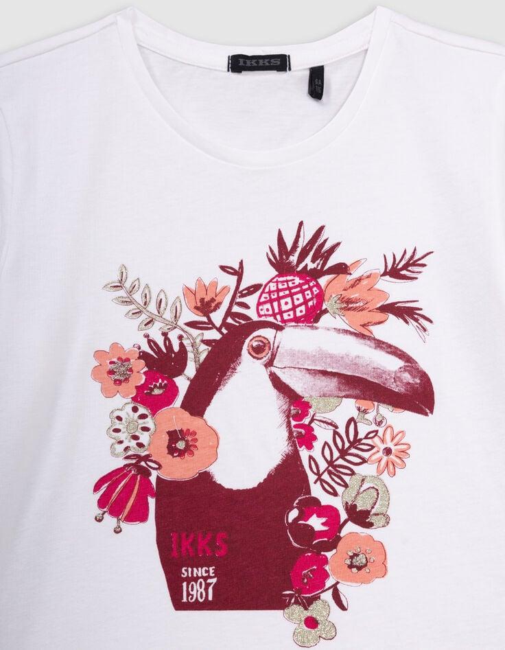 Ikks T-shirt Blanc Coton Bio Toucan-fleurs Fille