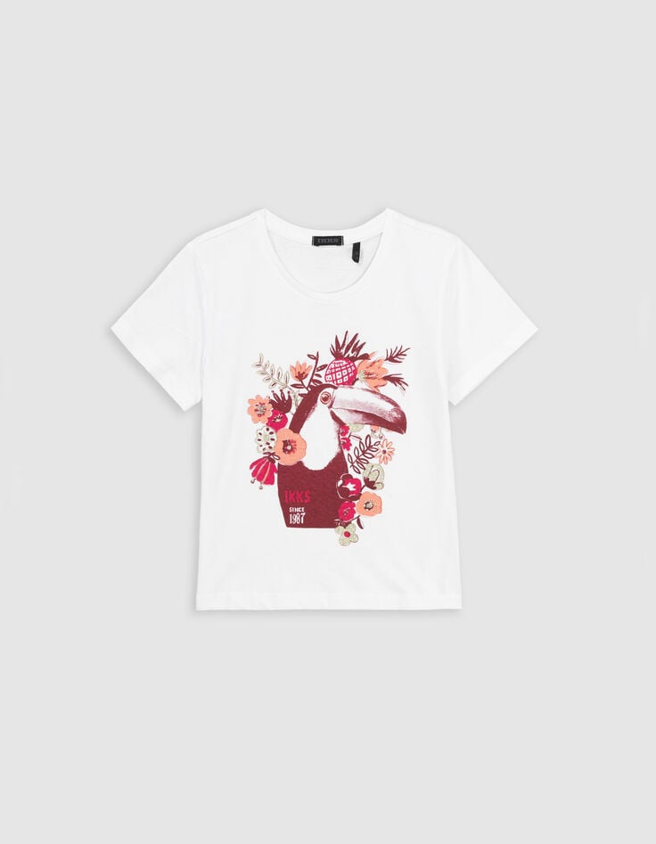 ikks T-shirt blanc coton bio toucan-fleurs fille