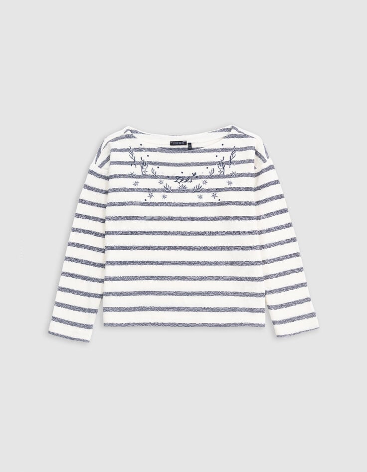 ikks T-shirt blanc esprit marinière brodée fille