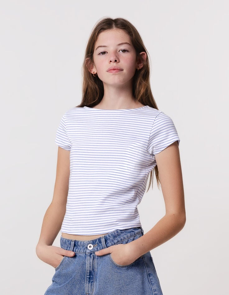 ikks T-shirt blanc fines rayures bleues fille