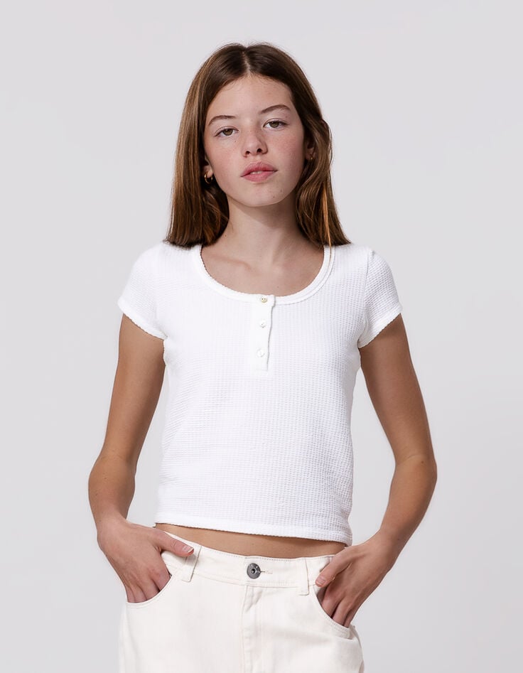 ikks T-shirt blanc maille nid d'abeille fille