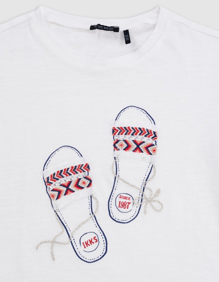 Ikks T-shirt Blanc Sandales Brodées Fille