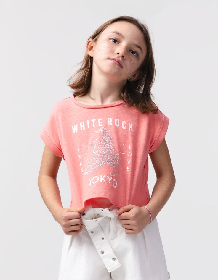 ikks T-shirt corail coton bio oiseau silver fille