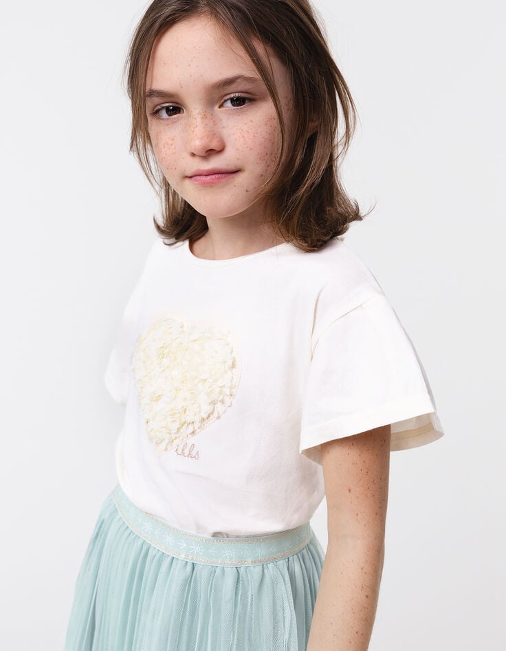 ikks T-shirt écru coton bio coeur en relief fille