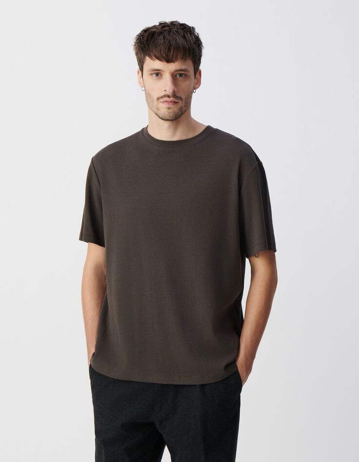 Ikks T-shirt Kaki Coton Bio Relief Filet Homme
