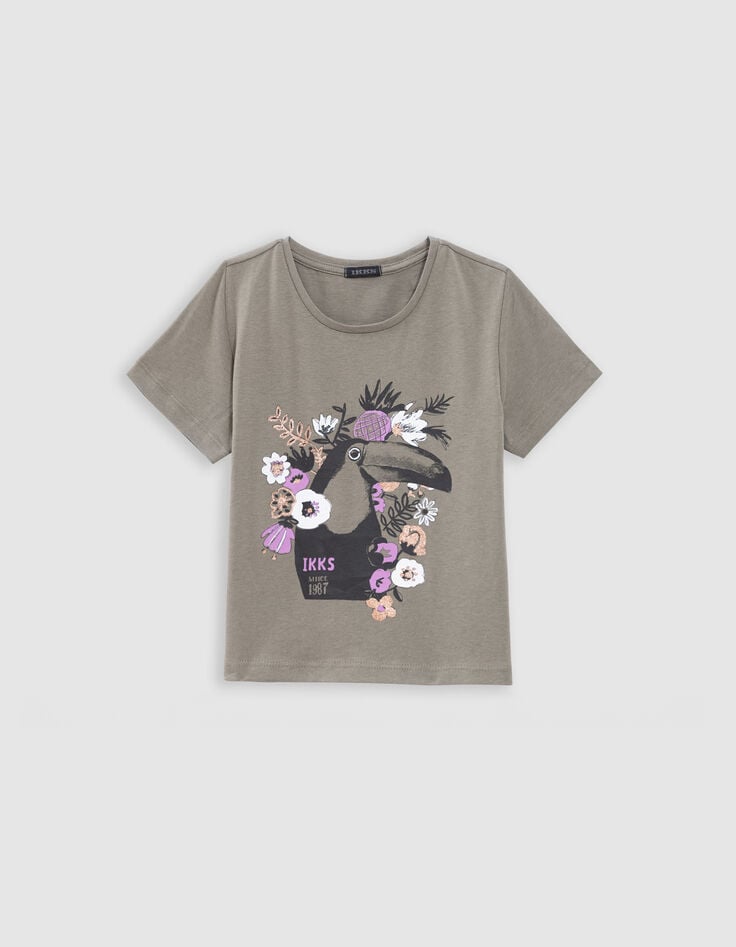 ikks T-shirt kaki coton bio toucan-fleurs fille