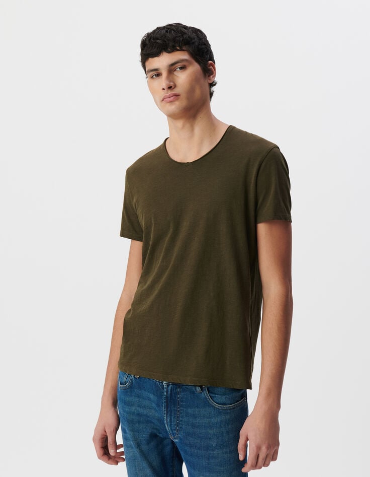 Ikks T-shirt L'Essentiel Dark Kaki à Col V Homme