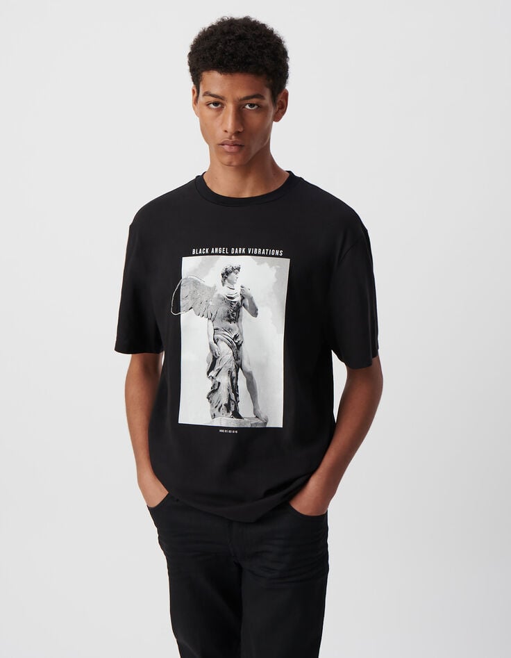 ikks T-shirt noir visuel statue et broderie Homme