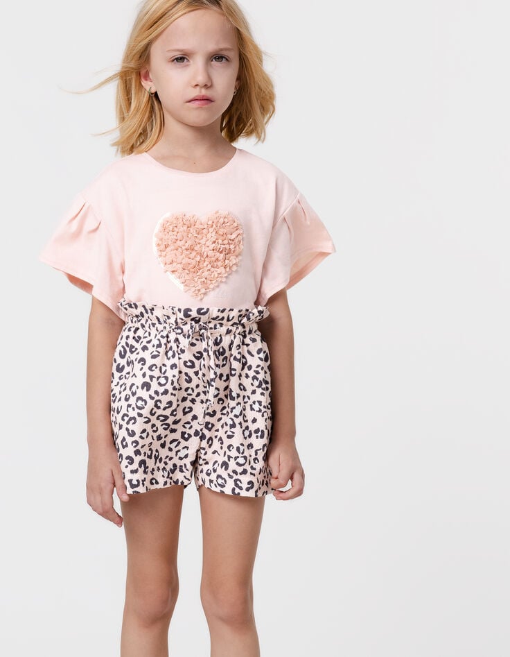 Ikks T-shirt Rose Coton Bio Coeur En Relief Fille