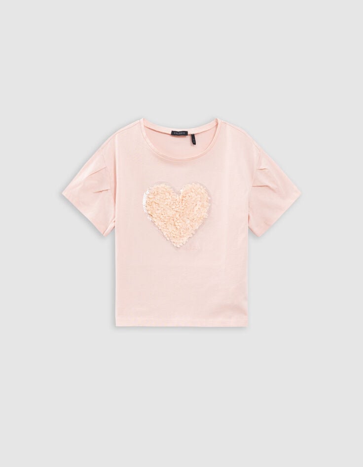 Ikks T-shirt Rose Coton Bio Coeur En Relief Fille