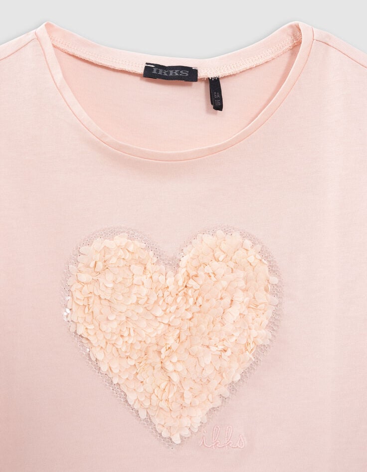 Ikks T-shirt Rose Coton Bio Coeur En Relief Fille