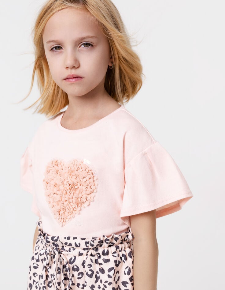 ikks T-shirt rose coton bio coeur en relief fille