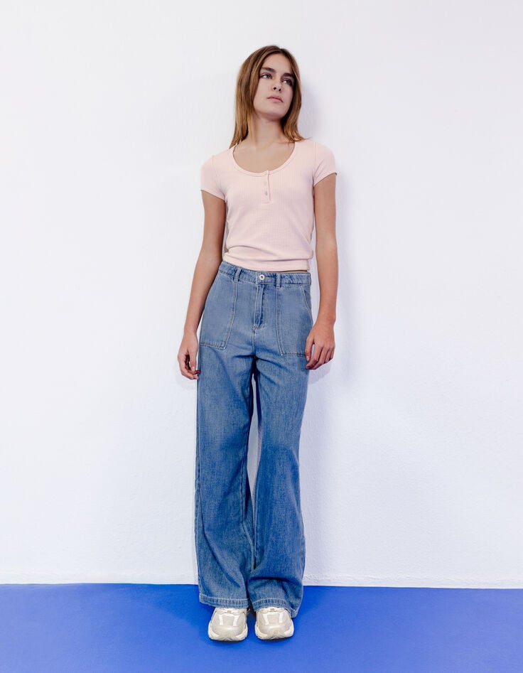 ikks T-shirt rose maille nid d'abeille fille