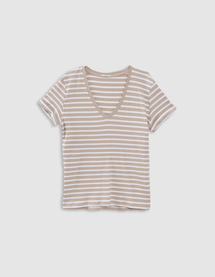 ikks Tee-shirt beige rayures écrues côtelé
