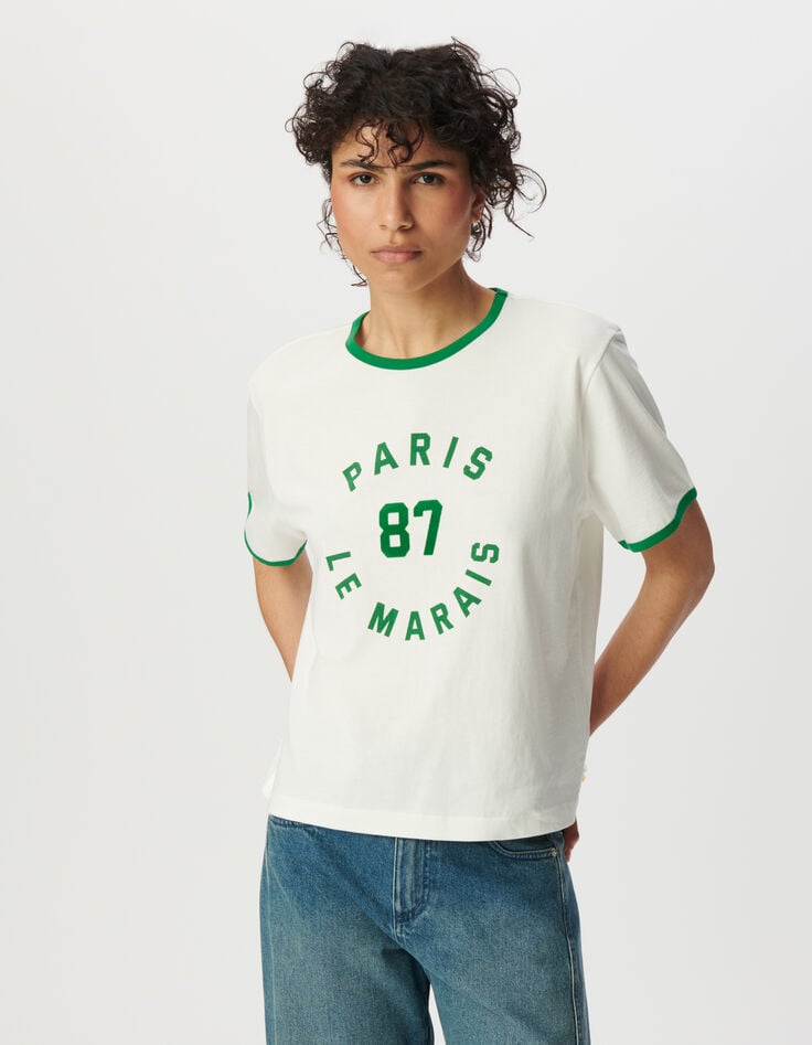 Ikks Tee-shirt Blanc Bords-côtes Verts à Message