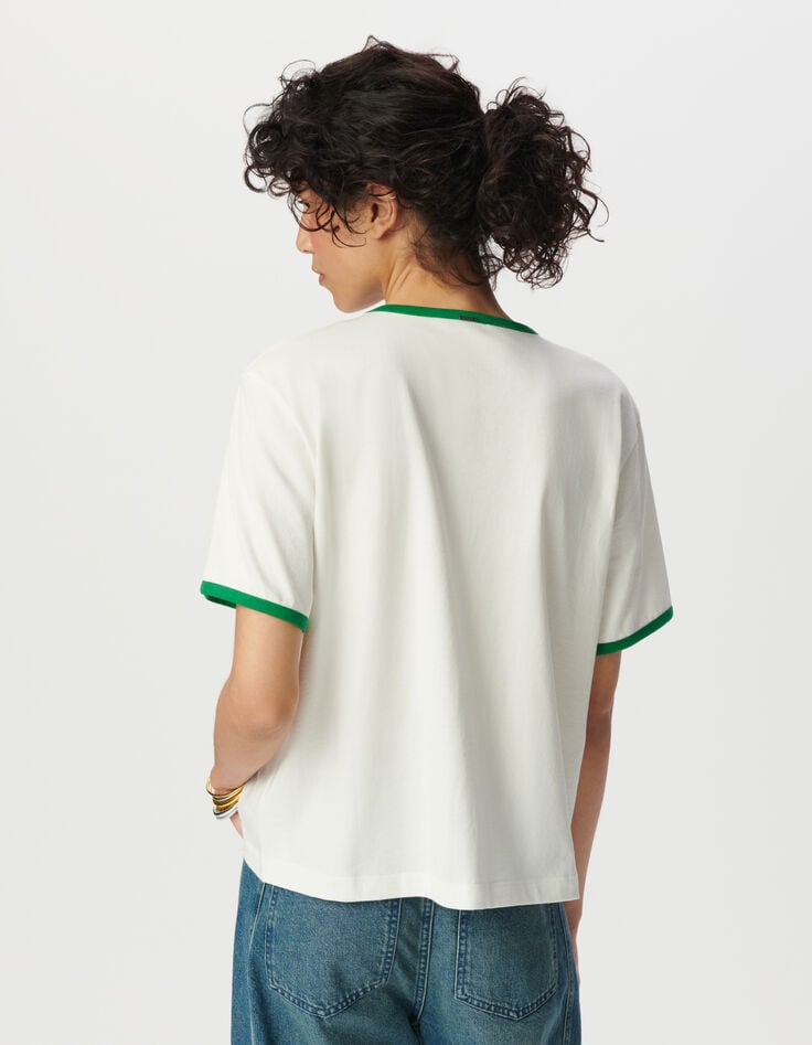 Ikks Tee-shirt Blanc Bords-côtes Verts à Message