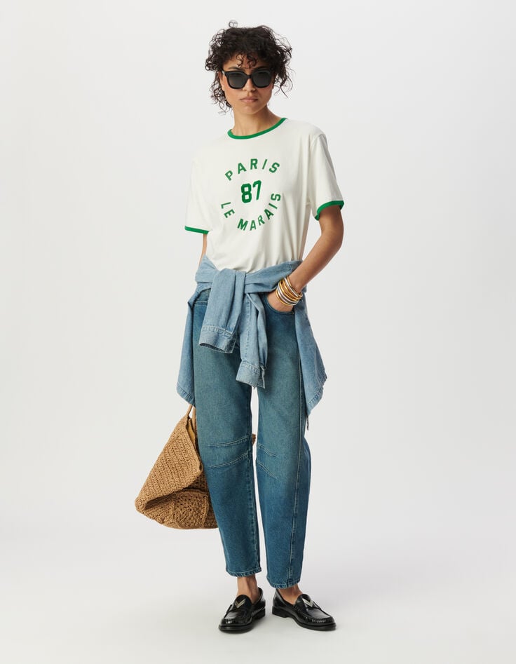 ikks Tee-shirt blanc bords-côtes verts à message