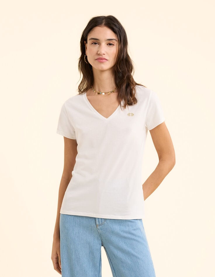 Ikks Tee-shirt Blanc Cassé Brodé I.Code