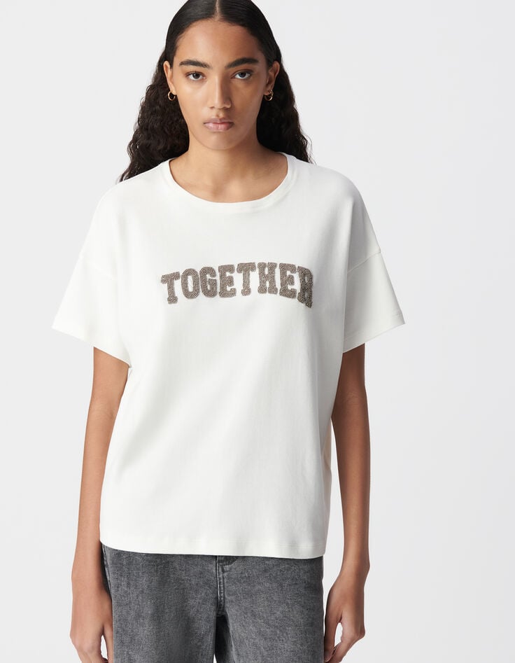 Ikks Tee-shirt Blanc Message Brodé Perles