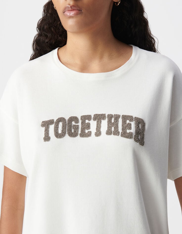 Ikks Tee-shirt Blanc Message Brodé Perles