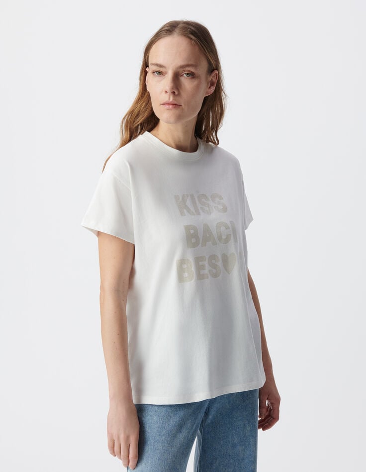 Ikks Tee-shirt Blanc Message Irisé Iridescent