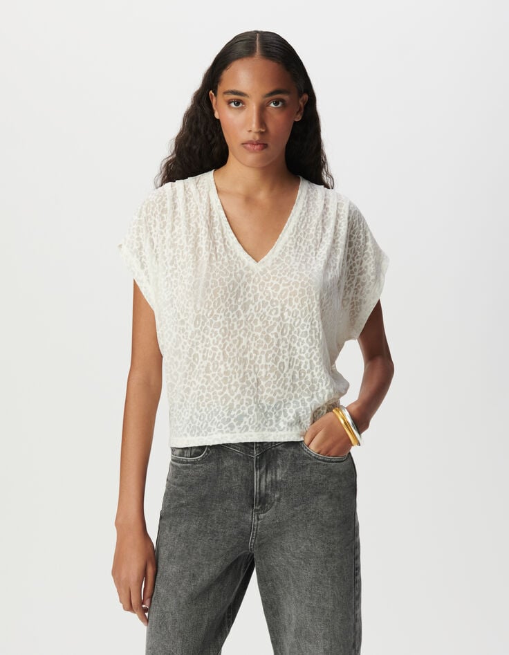 Ikks Tee-shirt Blanc Motif Léopard En Transparence