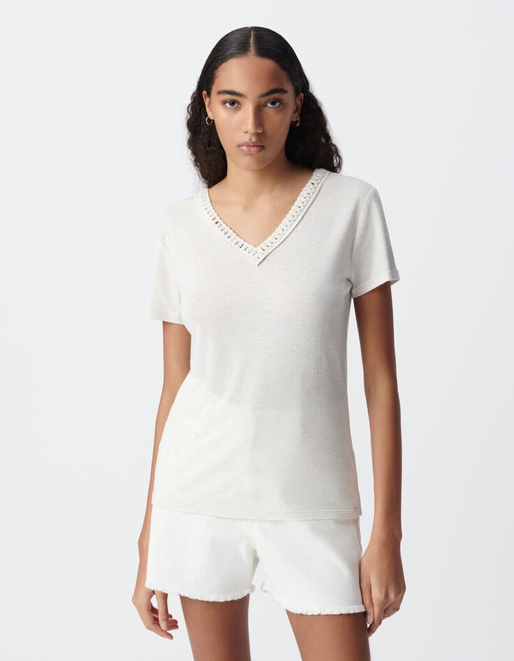 Ikks Tee-shirt Blanc Tressage Encolure V Femme