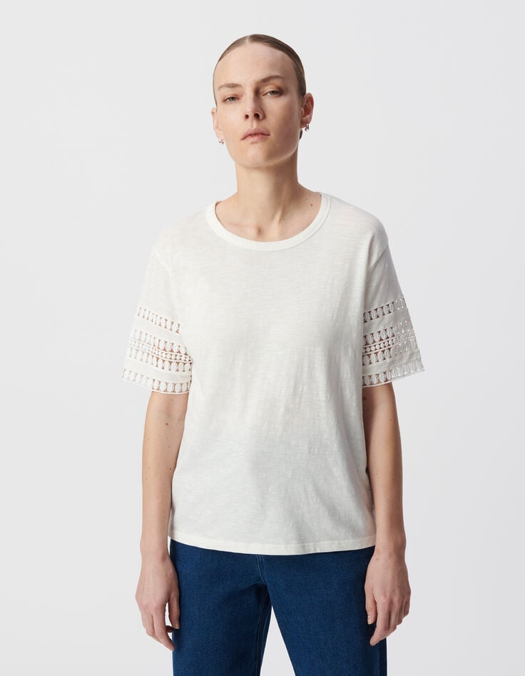 Ikks Tee-shirt Col Rond Blanc Manches Dentelle