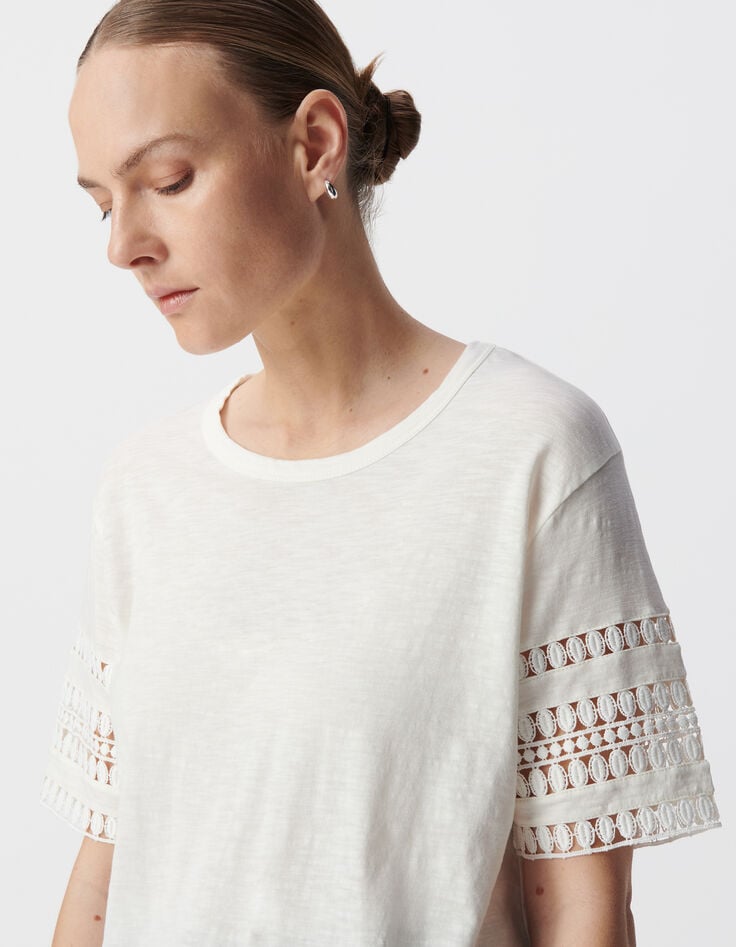 Ikks Tee-shirt Col Rond Blanc Manches Dentelle