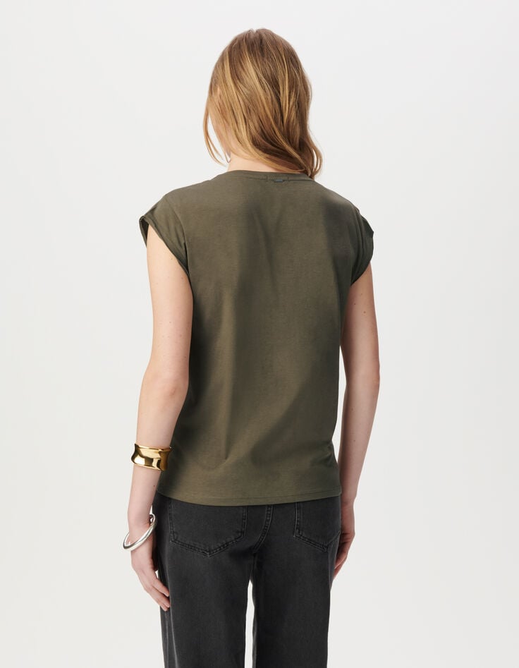 Ikks Tee-shirt Col Rond Kaki Broderies Perles