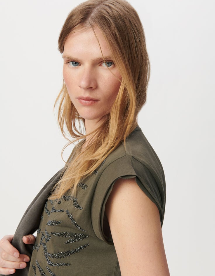 Ikks Tee-shirt Col Rond Kaki Broderies Perles