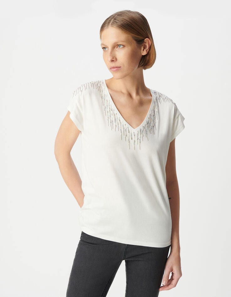 Ikks Tee-shirt Col V Blanc Décor Bijoux Femme