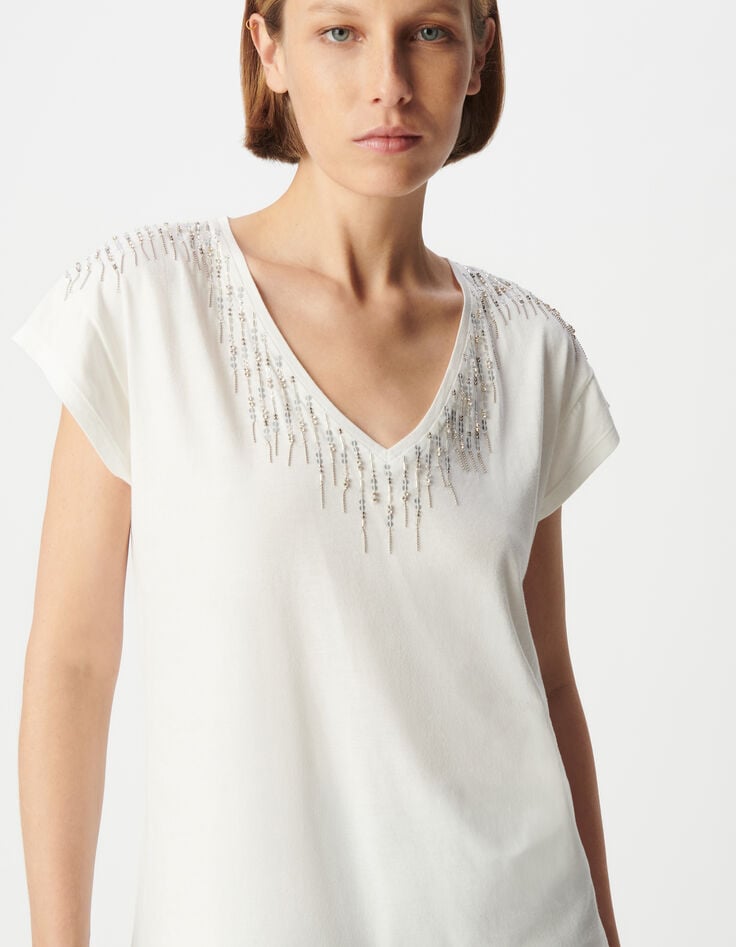 Ikks Tee-shirt Col V Blanc Décor Bijoux Femme