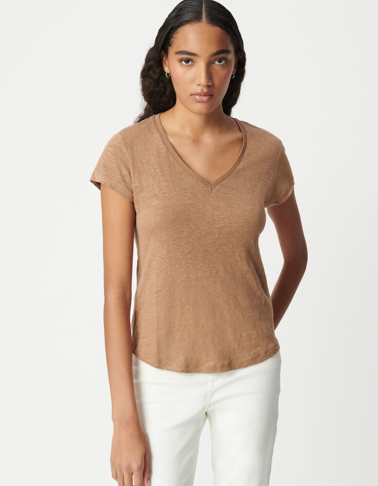 Ikks Tee-shirt Col V Camel En Lin Foil Femme
