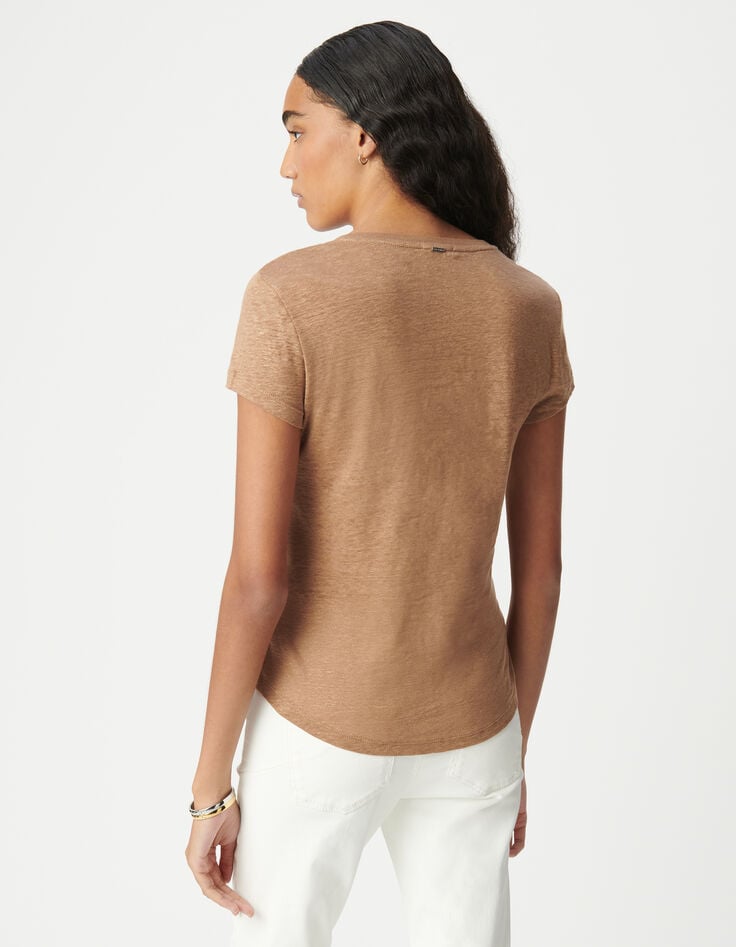 Ikks Tee-shirt Col V Camel En Lin Foil Femme