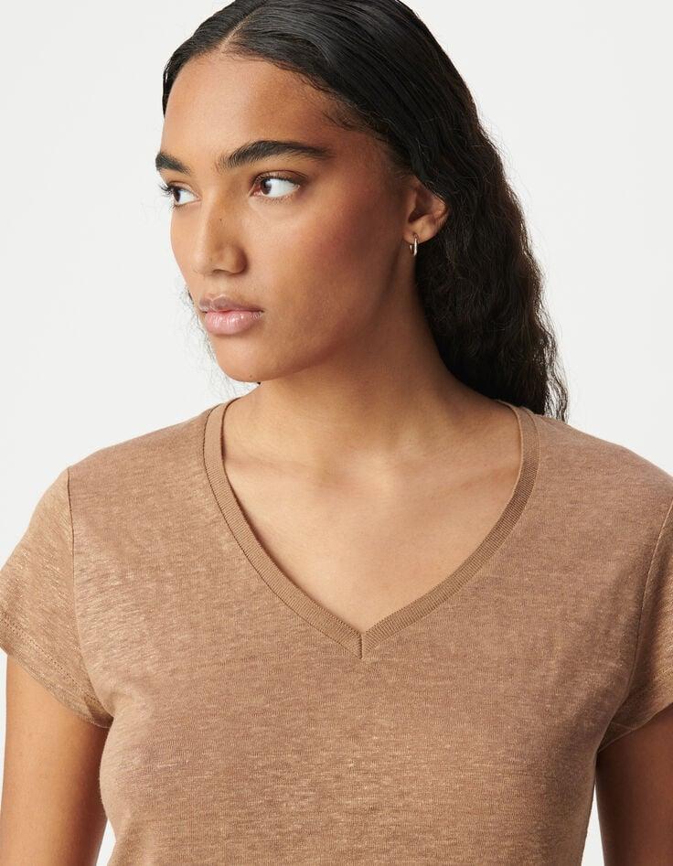 Ikks Tee-shirt Col V Camel En Lin Foil Femme